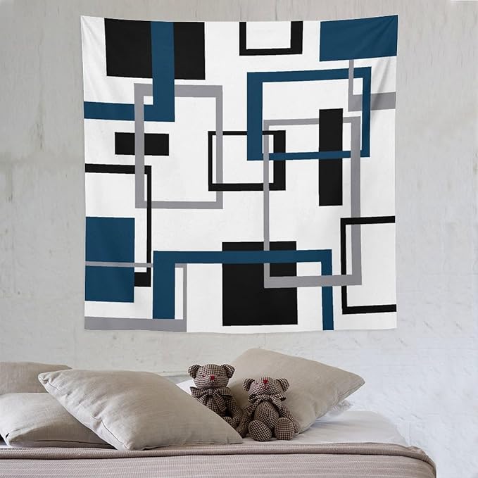 ZhiRain Navy Blue Tapestry Wall Hanging Mid Century Modern Geometric Abstract Navy Black Grey Square White Backdrop Tapestries Home Decor for Living Room Bedroom Apartment Farmhouse 60"x60"