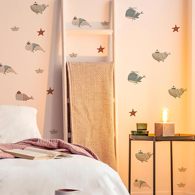 Whale Wall Decals – 36 Decals, Ocean Theme Nursery Wall Stickers for Kids Room, Removable & Reusable Sea Animal Decor for Walls, Furniture, Doors, Glass (12 Sheets)