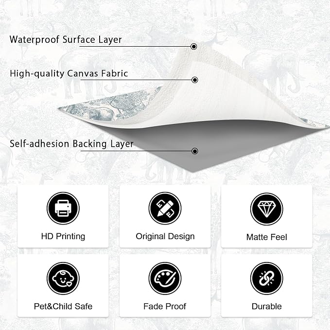 Zeeko Nursery Safari Animal Jungle Wall Mural Peel and Stick 148" W x 98" H Vintage French Canvas Waterproof Self-Adhesive Removable Wallpaper for Kids Room Bedroom Large Art Wall Decor