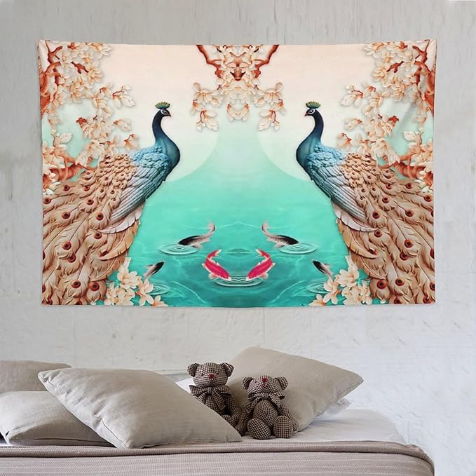 ZhiRain Peacock Tapestry Wall Hanging Retro Floral Elegant Vintage Feather Flower Theme Koi Fish Tapestries Home Decor for Living Room Bedroom Farmhouse Apartment Dorm 60"x90"