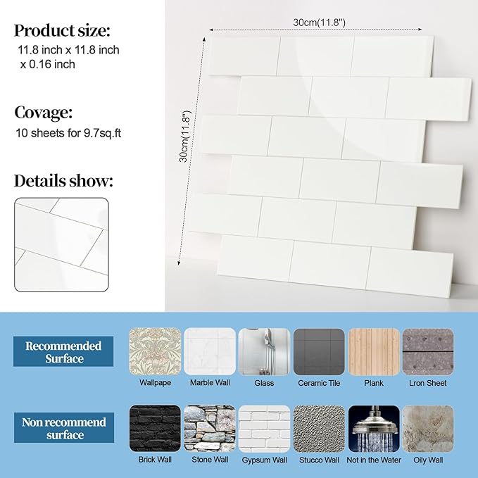 10-Pack Peel and Stick Tile Backsplash 12"X12" PVC Wall Tiles, Stick on Backsplash for Kitchen, Bathroom Tile, Fireplace Décor, Laundry Table, Stair Decals in Polished Cream White