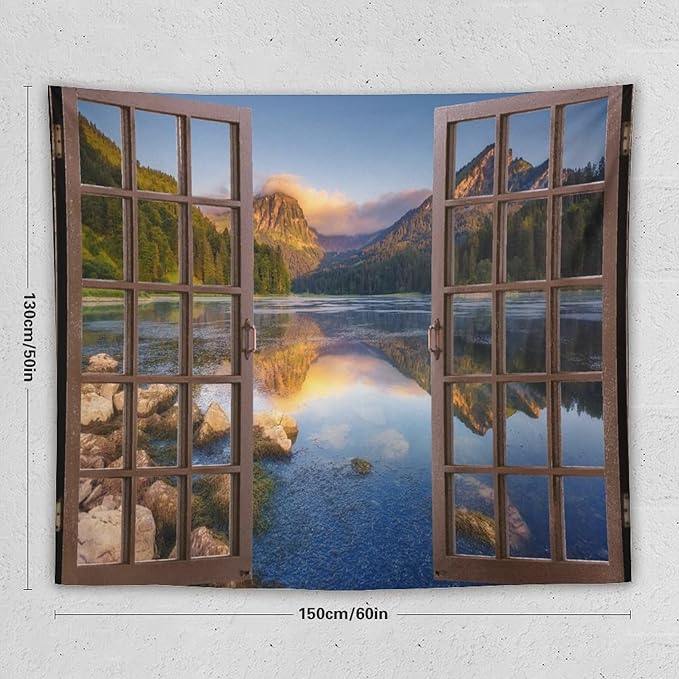 ZhiRain Mountain Scenery Tapestry Wall Hanging Wooden Window View Beautiful Lake Landscape Tapestries Home Decor for Living Room Bedroom Apartment Farmhouse Dorm 50"x60"