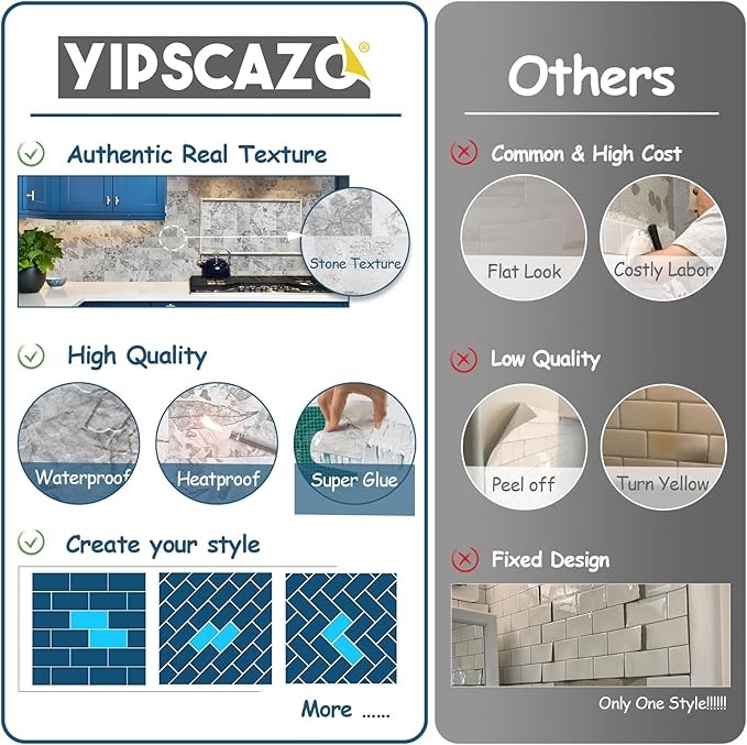 Yipscazo Peel and Stick backsplash 3 x 6 Inches 3D PVC Composite Wall Tile Stick on Backsplash Tile for Kitchen Bathroom, Laundry Room, Fireplace(Gray Granite, 100 Pieces)
