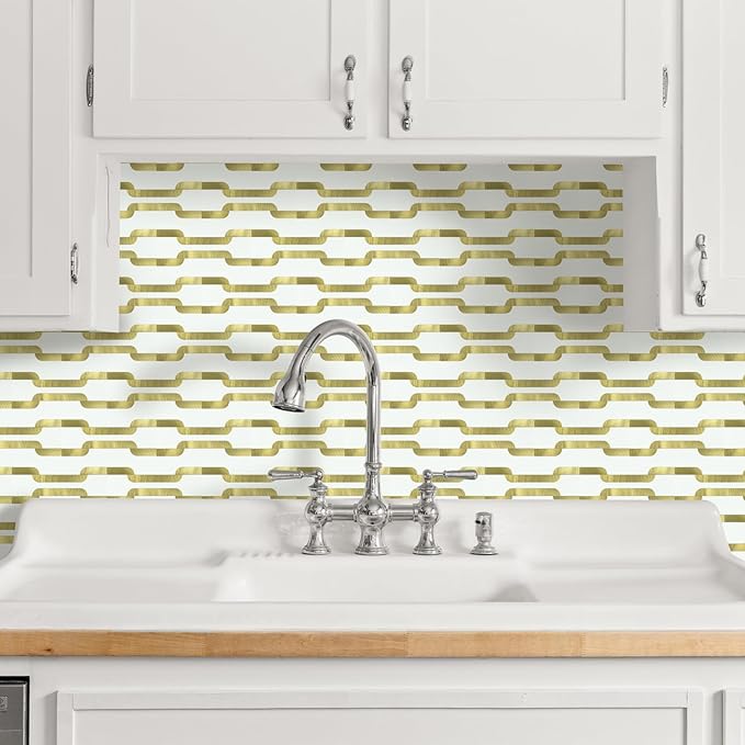 Yipscazo Peel and Stick backsplash 3 x 6 Inches 3D PVC Composite Wall Tile Stick on Backsplash Tile for Kitchen Bathroom, Laundry Room, Fireplace(White with Gold Metal, 2 Pieces)