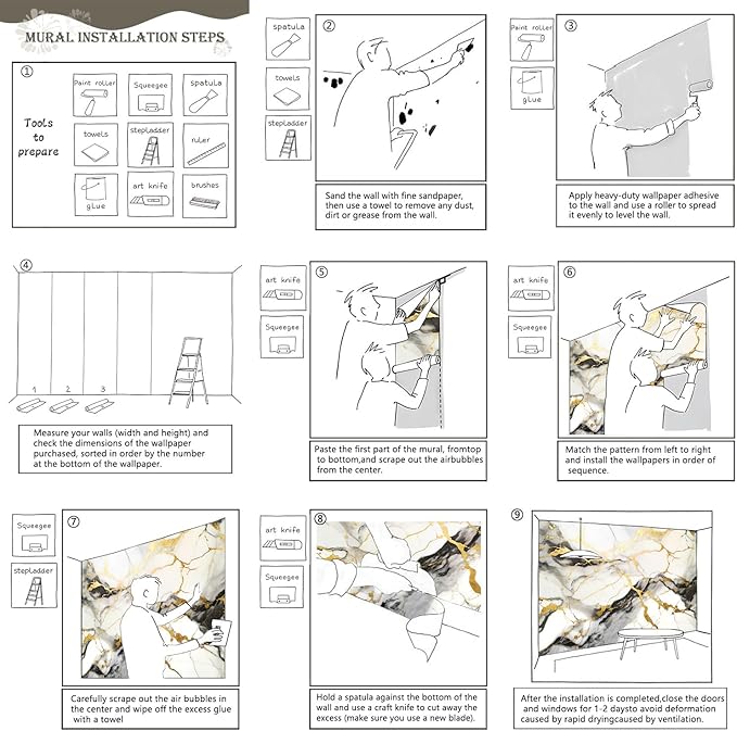 AFZEVEB-Black and Gold Marble Wallpaper Wall murals for Bedroom 136"x96" (Not Peel and Stick)