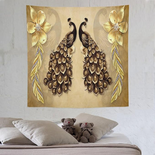 ZhiRain Gold Peacock Tapestry Wall Hanging Vintage Bird Rustic Animal Elegant Flower Luxury Tapestries Home Decor for Living Room Bedroom Farmhouse Apartment Dorm 60"x60"