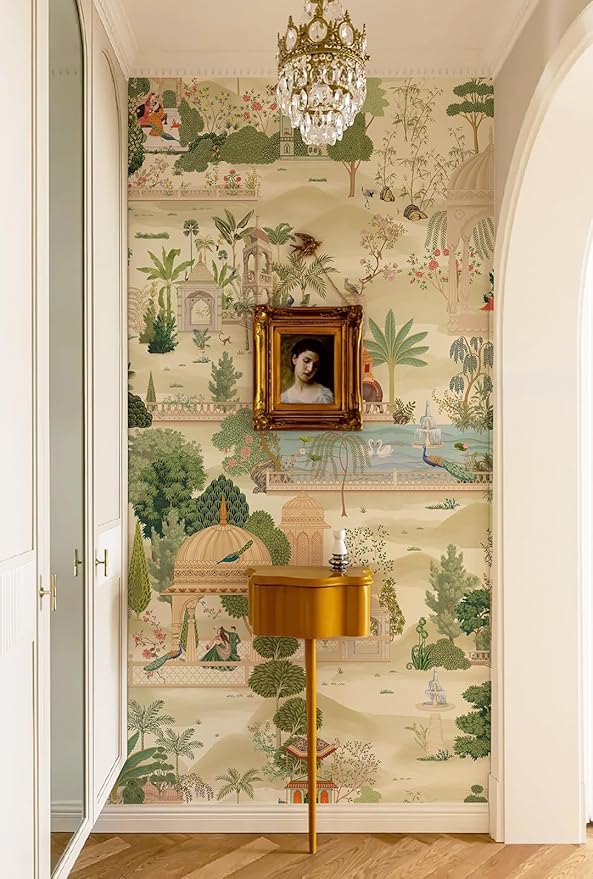 Zeeko Exotic Tropical Green Wall Mural Peel and Stick 59" W x 98" H Botanical Indian Garden Canvas Waterproof Self-Adhesive Removable Wallpaper for Hallway Large Art Wall Decor