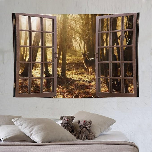 ZhiRain Forest Tapestry Wall Hanging Natural Forest And Deer at Sunset Pattern Tapestries Home Decor for Living Room Bedroom Apartment Farmhouse Dorm 60"x90"