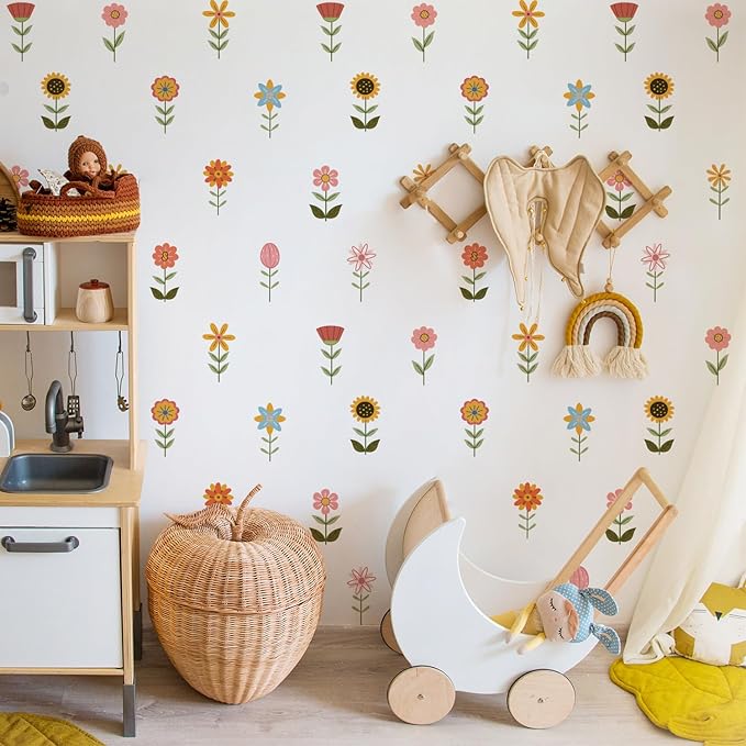 YouRfocus Boho Flower Wall Decals for Nursery & Kids Room – Set of 72 Floral Wall Stickers, Removable Peel and Stick Boho Home Decor, Pastel Wall Art (12 Sheets)