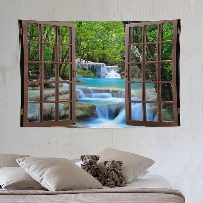 ZhiRain Waterfall Tree Landscape Tapestry Wall Hanging Natural Scenery Forest Garden Spring Stone River Tapestries Home Decor for Living Room Bedroom Apartment Farmhouse Dorm 40"x60"