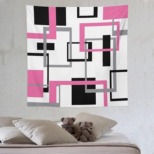 ZhiRain Pink Tapestry Wall Hanging Modern Geometric Abstract Pink Grey White Background Mid Century Square Tapestries Home Decor for Living Room Bedroom Apartment Farmhouse Dorm 60"x60"