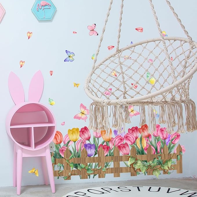 2 Pieces Tulips Wall Decals Vinyl Flowers Wall Stickers Removable Floral Art Murals Peel and Stick Colorful Tulips Fence Butterfly Decor for Girls Bedroom Living Room Nursery