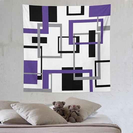 ZhiRain Purple Tapestry Wall Hanging Mid Century Modern Geometric Abstract Lavender Black Grey Square White Backdrop Tapestries Home Decor for Living Room Bedroom Apartment Farmhouse 60"x60"