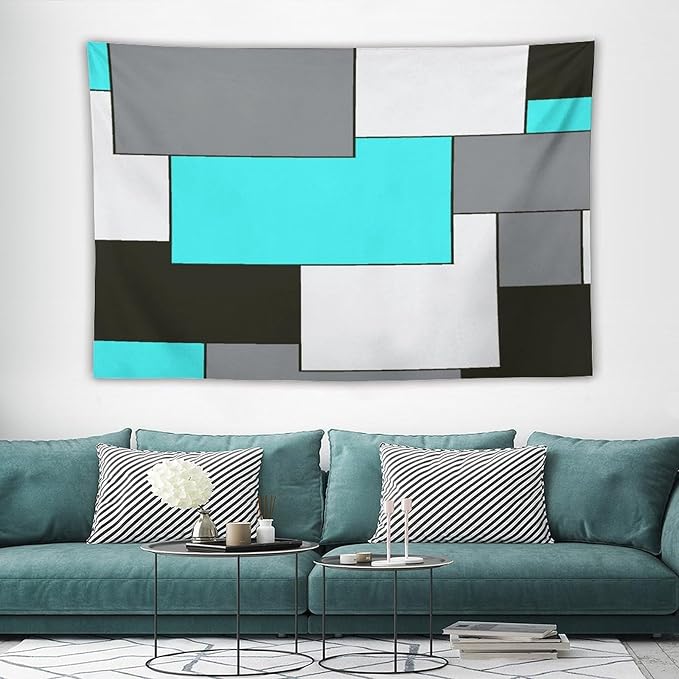 ZhiRain Modern Tapestry Wall Hanging Teal Turquoise And Gray Black Tapestries Home Decor for Living Room Bedroom Farmhouse Apartment Dorm 40"x60"