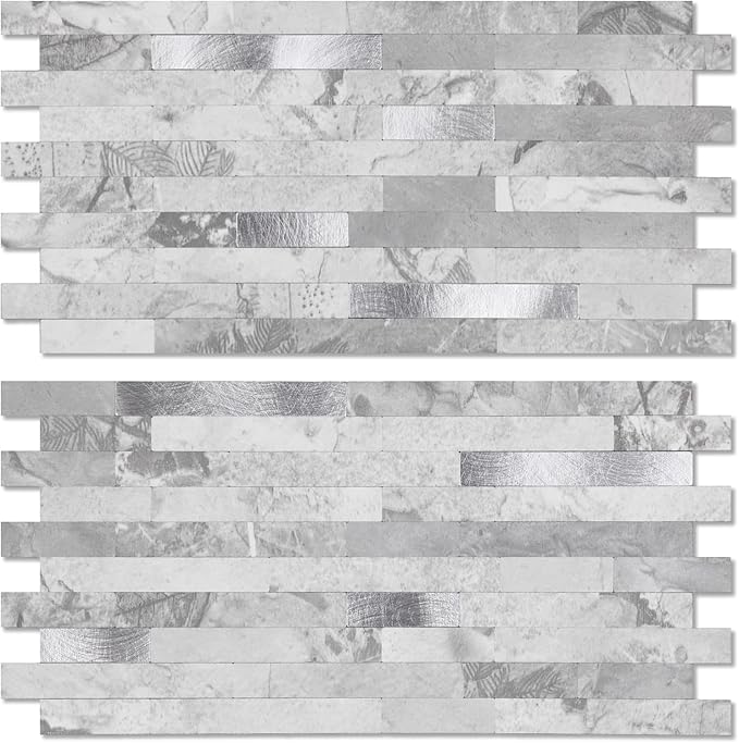 Yipscazo 40 Sheets Peel and Stick Stone Metal Backsplash, PVC Wall Tiles Stick on Tiles for Backsplash Kitchen, Bathroom, Fireplace (6'' X 12'', Gray Stone)