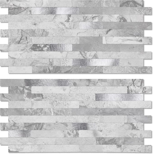 Yipscazo 2 Sheets Peel and Stick Stone Metal Backsplash, PVC Wall Tiles Stick on Tiles for Backsplash Kitchen, Bathroom, Fireplace (6'' X 12'', Gray Stone)