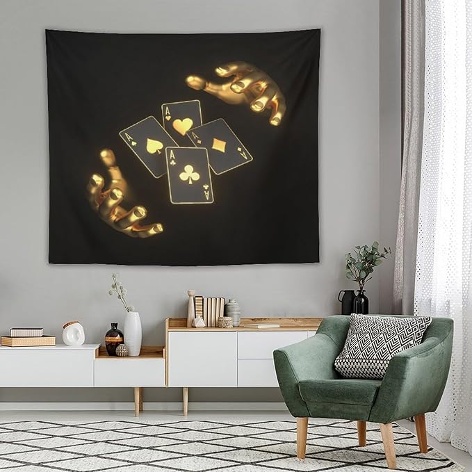 ZhiRain Poker Theme Tapestry Wall Hanging Modern Black Gold Playing Cards Art Printed Tapestries Home Decor for Living Room Bedroom Farmhouse Apartment Dorm 50"x60"
