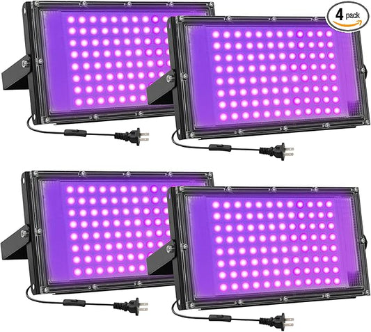 100W LED Black Lights for Glow Party - Waygor UV Blacklight Floodlight 395nm BlackLights Spotlight Purple Black Light Flood Light Fluorescent UV Lights Lamp for Halloween Decor (4 Pack)