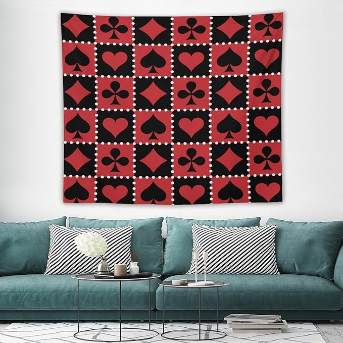 ZhiRain Casino Tapestry Wall Hanging Checkered Rhombus Pattern with Playing Card Gaming Club Theme Tapestries Home Decor for Living Room Bedroom Farmhouse Apartment Dorm 50"x60"