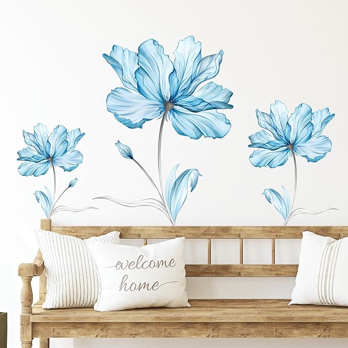 Zonon 6 Pcs Flowers Wall Decals Stickers Vinyl Removable Peel and Stick Colorful Dragonflies Floral Wall Murals Decor for Bedroom Living Room Nursery(Blue Flower)