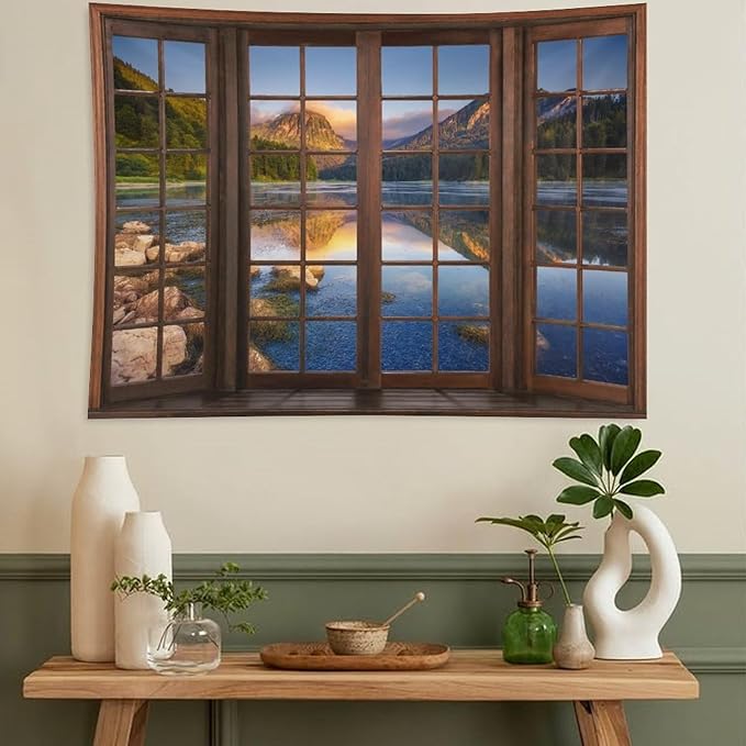 ZhiRain Mountain Scenery Tapestry Wall Hanging Through The Window Beautiful Lake Landscape Tapestries Home Decor for Living Room Bedroom Apartment Farmhouse Dorm 60"x60"