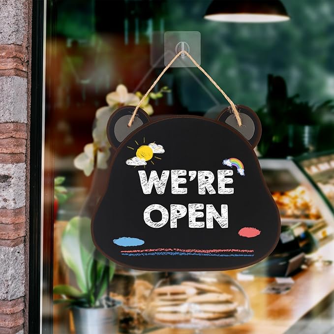 12‘’×10‘’ Wooden Double Sided Hanging Chalkboard Sign, Erasable Kids Chalkboard with Hanging String, 4 Chalks, 2 Hooks,1 Eraser, Message Blackboard Sign for Store Classroom Office Outdoor (Bear)