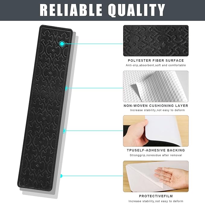 15Pcs Stair Treads for Wooden Steps With Self Adhesive, 8"x30" Non Slip Stair Runners-Peel & Stick Indoor Stair Carpet Runner, Resistant Runner for Kids, Elders and Pets, Black