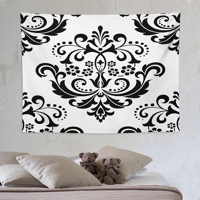 ZhiRain Baroque Damask Floral Pattern Tapestry Wall Hanging Flowers on Black And White Antique Gothic Tapestries Home Decor for Living Room Bedroom Farmhouse Apartment Dorm 60"x80"