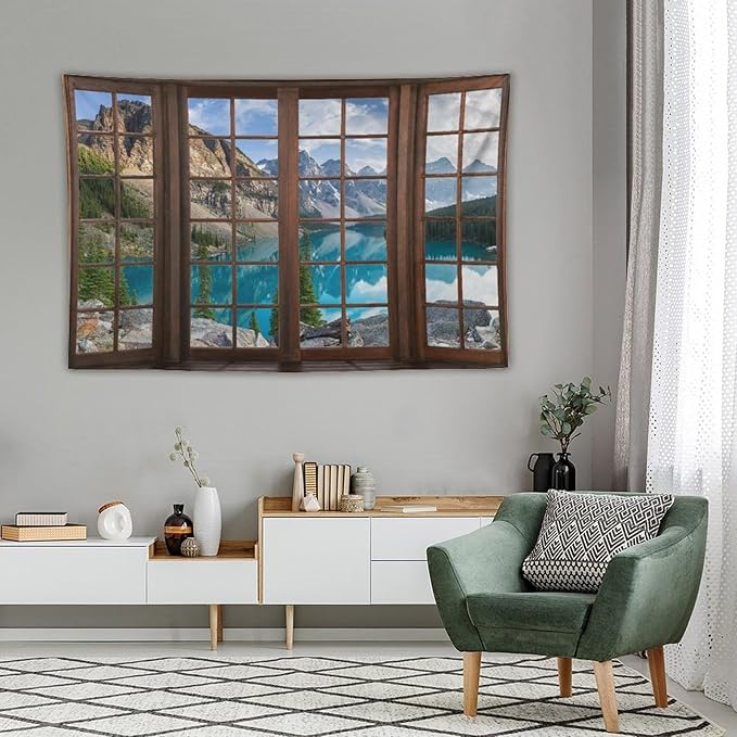 ZhiRain Mountain Landscape Tapestry Wall Hanging Nature Scenery Lake Pine Tree Forest Blue Sky Through Brown Window Tapestries Home Decor for Living Room Bedroom Apartment Farmhouse 40"x60"