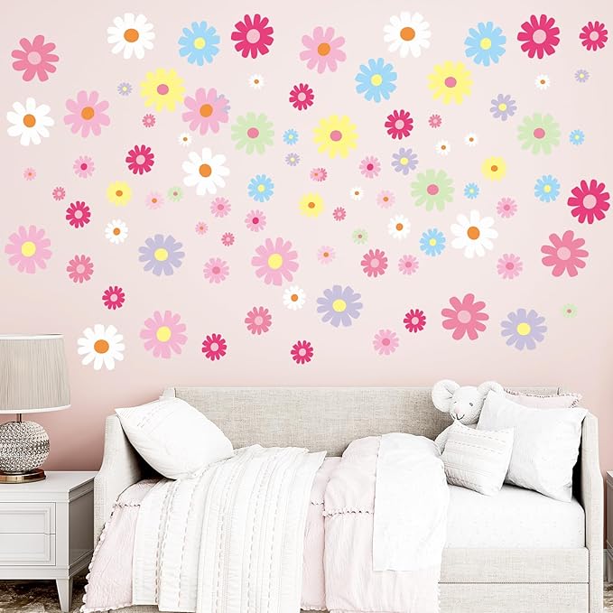 12Sheet Daisy Wall Decals, 180Pcs Cute Flower Wall Decals, Flower Vinyl Walls Decal, Peel and Stick Floral Walls Decal, Bedroom Decor for Girls Bedroom, Nursery, Classroom, Nursery