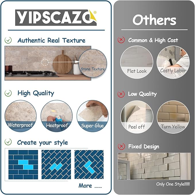 Yipscazo 100 Pieces Peel and Stick backsplash 3 x 6 Inches 3D PVC Composite Wall Tile Stick on Backsplash Tile for Kitchen Bathroom, Laundry Room, Fireplace in Beige Stone Texture