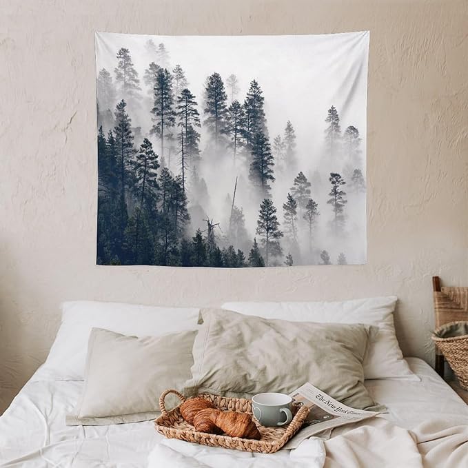 ZhiRain Misty Forest Landscape Tapestry Wall Hanging Wooden Window Forest Mountain Rustic Tapestries Home Decor for Living Room Bedroom Apartment Farmhouse Dorm 50"x60"