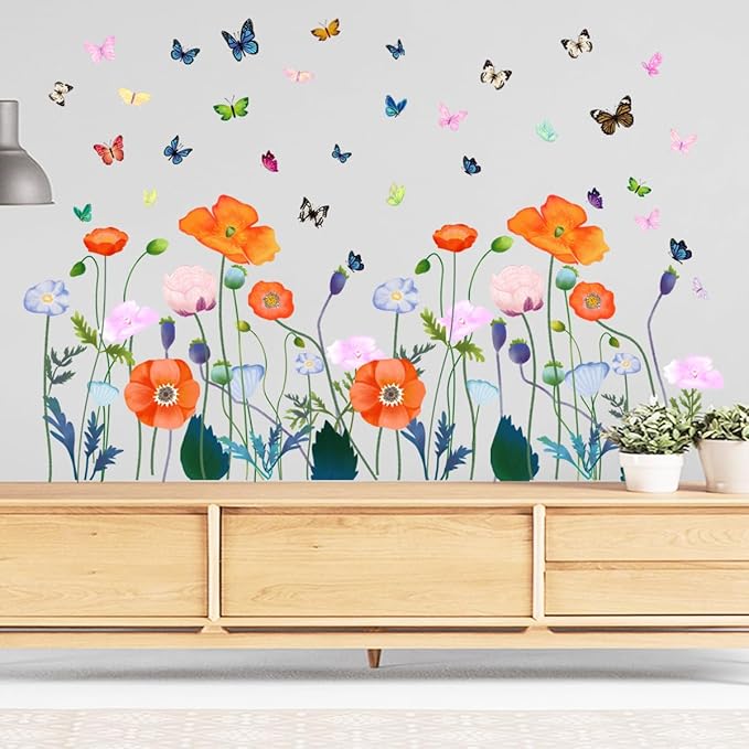 6 Pieces Flowers Wall Decals Vinyl Flowers Wall Stickers Removable Floral Murals Peel and Stick Colorful Flower Decor for Girls Bedroom Living Room Nursery (Orange)