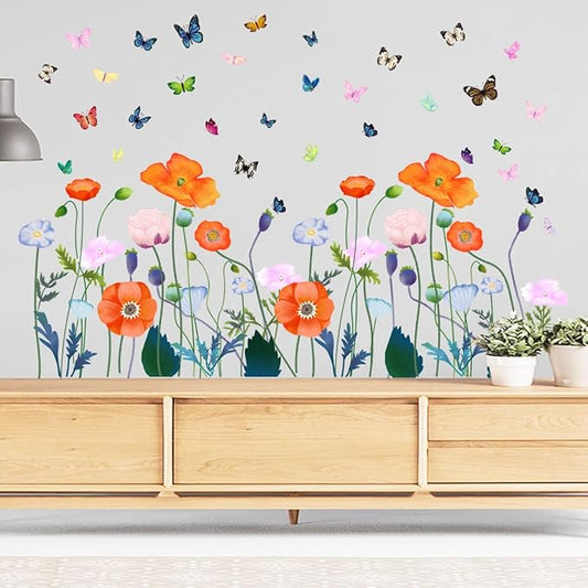 6 Pieces Flowers Wall Decals Vinyl Flowers Wall Stickers Removable Floral Murals Peel and Stick Colorful Flower Decor for Girls Bedroom Living Room Nursery (Orange)