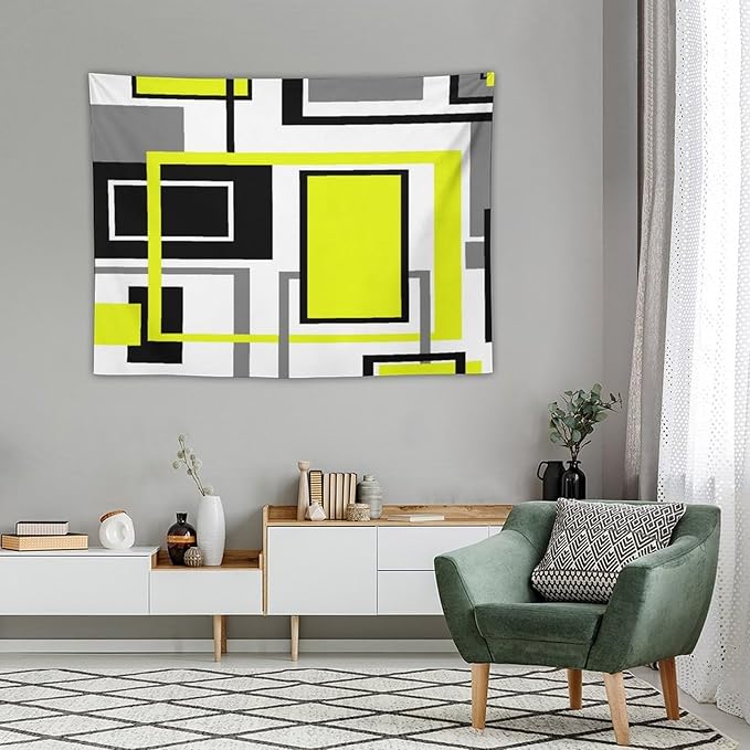 ZhiRain Yellow Geometric Tapestry Wall Hanging Yellow Modern Black And Gray Tapestries Home Decor for Living Room Bedroom Farmhouse Apartment Dorm 30"x40"