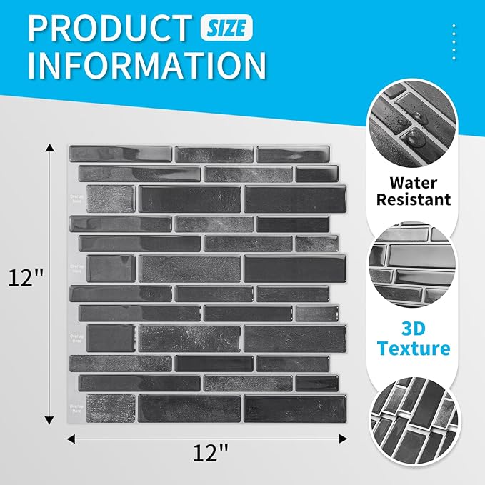 Art3d 10-Sheet Peel and Stick Backsplash Tile, Vinyl Stick On Wall Tile for Kitchen Bathroom Laundry Room, Marble Design 12" x 12" - Smoky Black