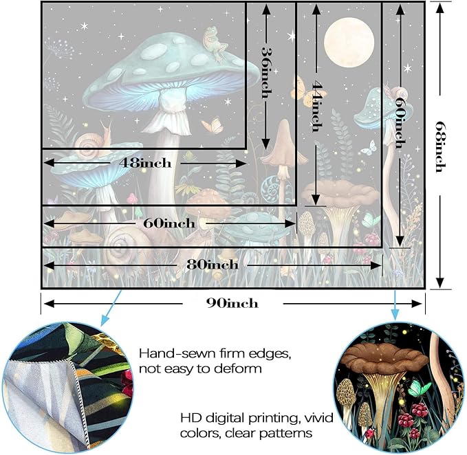 Zussun Teal Mushroom Tapestry Moon Star Tapestries for Bedroom Aesthetic Starry Night Green Plant Tapastrys Wall Hanging Butterfly Snail Frog Wall Tapestry for Living Room Dorm (Green, 60" x 44")