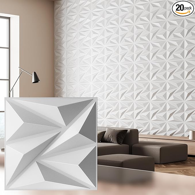 20 Pack 3D Wall Panels for Interior Wall Decor,PVC Textured Wall Panel for Home and Office Interiors, White, 12"x12", Covers 19 Sq.Ft.