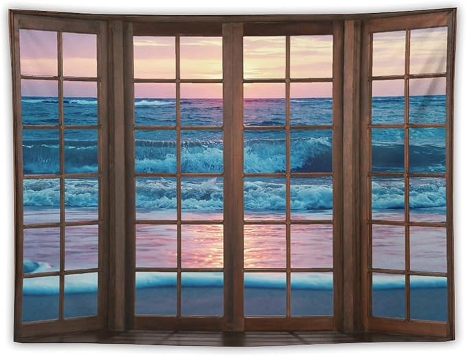 ZhiRain Landscape Tapestry Wall Hanging Beach Sand Ocean Waves Seaside Brown Window View Tapestries Home Decor for Living Room Bedroom Apartment Farmhouse Dorm 30"x40"