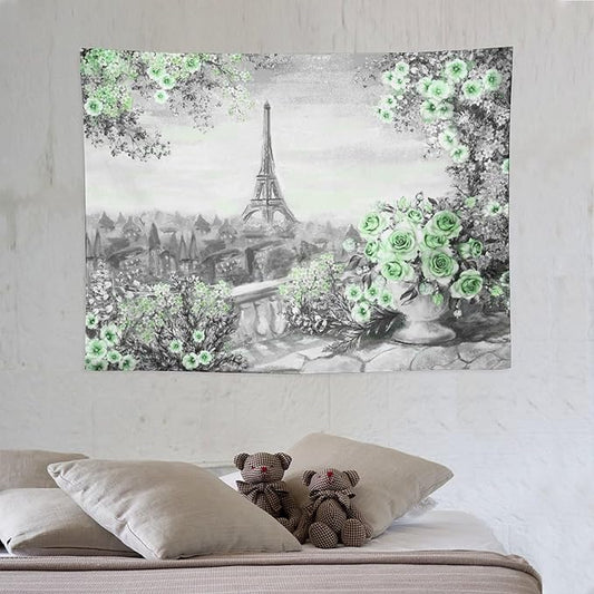 ZhiRain Vintage Paris Tapestry Wall Hanging Eiffel Tower Green Rose Flower Spring Cityscape Gray Tapestries Home Decor for Living Room Bedroom Apartment Farmhouse Dorm 30"x40"