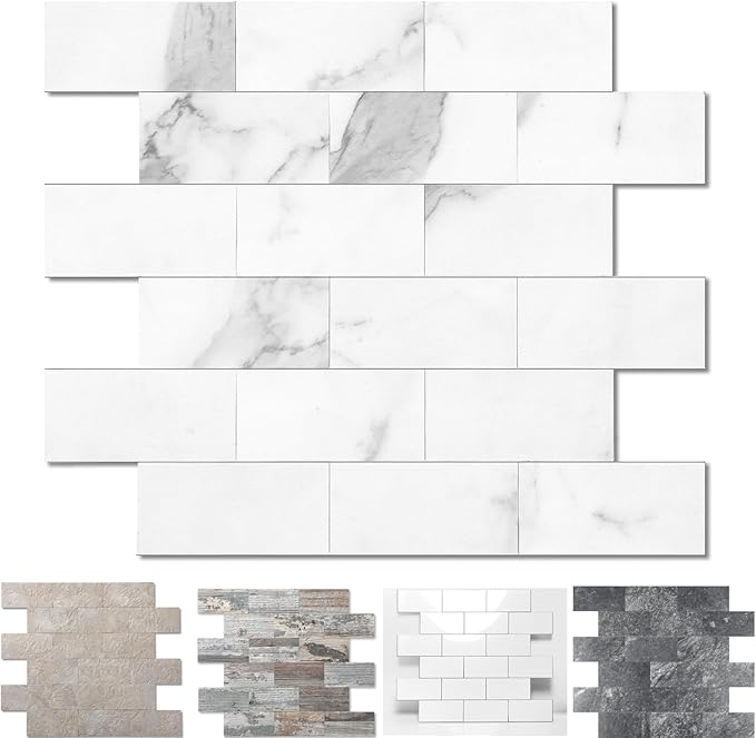 20-Pack Peel and Stick Tile Backsplash 12"X12" PVC Wall Tiles, Stick on Backsplash for Kitchen, Bathroom Tile, Fireplace Décor, Laundry Table, Stair Decals in White Marble
