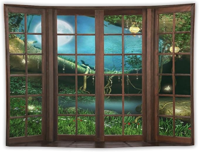ZhiRain Fantasy Landscape Tapestry Wall Hanging Wooden Window Enchanted Forest Green Jungle Magic Full Moon Plant Night Scene Tapestries Home Decor for Living Room Bedroom Apartment Farmhouse 30"x40"