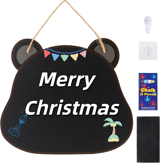 12‘’×10‘’ Wooden Double Sided Hanging Chalkboard Sign, Erasable Kids Chalkboard with Hanging String, 4 Chalks, 2 Hooks,1 Eraser, Message Blackboard Sign for Store Classroom Office Outdoor (Bear)