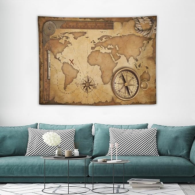ZhiRain World Map Tapestry Wall Hanging Rustic Vintage Nautical Farmhouse Old Fantastic Sea Monster Theme Tapestries Home Decor for Living Room Bedroom Apartment Dorm 30"x40"