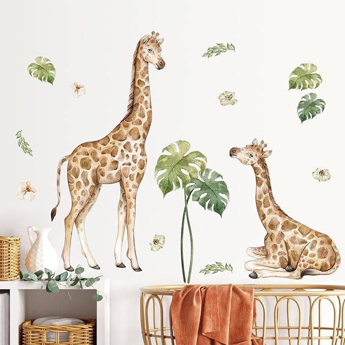 AM AMAONM Removable 3D Nature Jungle Wild Animals Wall Stickers DIY Peel and Stick Safari Giraffe and Tropical Leaves Wall Decals Aniaml Wall Art Decor for Kids Baby Bedroom Nursery Living Room