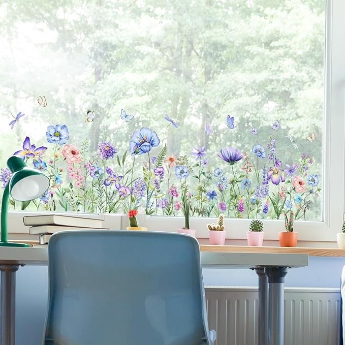 2 Pieces Purple Flowers Wall Decals Vinyl Purple Flowers Wall Stickers Removable Floral Art Murals Peel and Stick Colorful Decor for Girls Bedroom Living Room Nursery