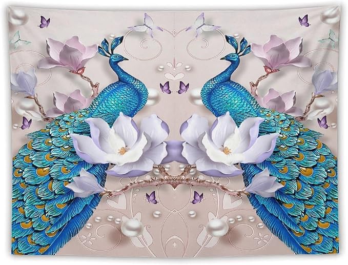 ZhiRain Peacock Tapestry Wall Hanging Beautiful Bird Flower Pearl Watercolor Pattern Print Tapestries Home Decor for Living Room Bedroom Farmhouse Apartment Dorm 60"x80"