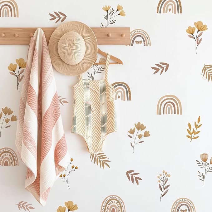 YouRfocus Boho Rainbow Floral Wall Decals for Nursery & Kids Room – Set of 96 Removable Peel and Stick Wall Stickers, Neutral Boho Home Decor (12 Sheets