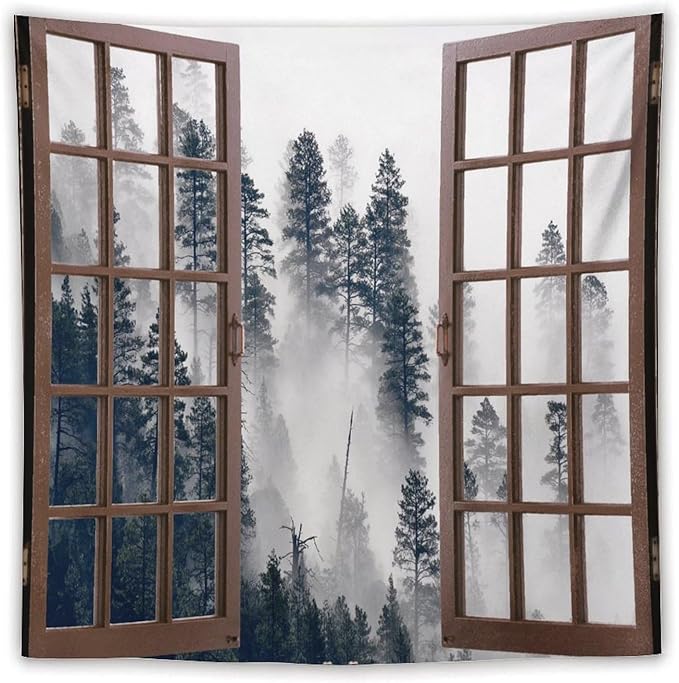 ZhiRain Misty Forest Landscape Tapestry Wall Hanging Wooden Window Forest Mountain Tree Scenery Tapestries Home Decor for Living Room Bedroom Apartment Farmhouse Dorm 60"x60"