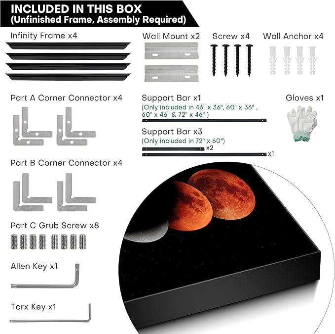36"x46" XL Framed Wall Art - Lunar Phases Eclipse Moon Cycle Space Lovers (Frame Assembly Required)